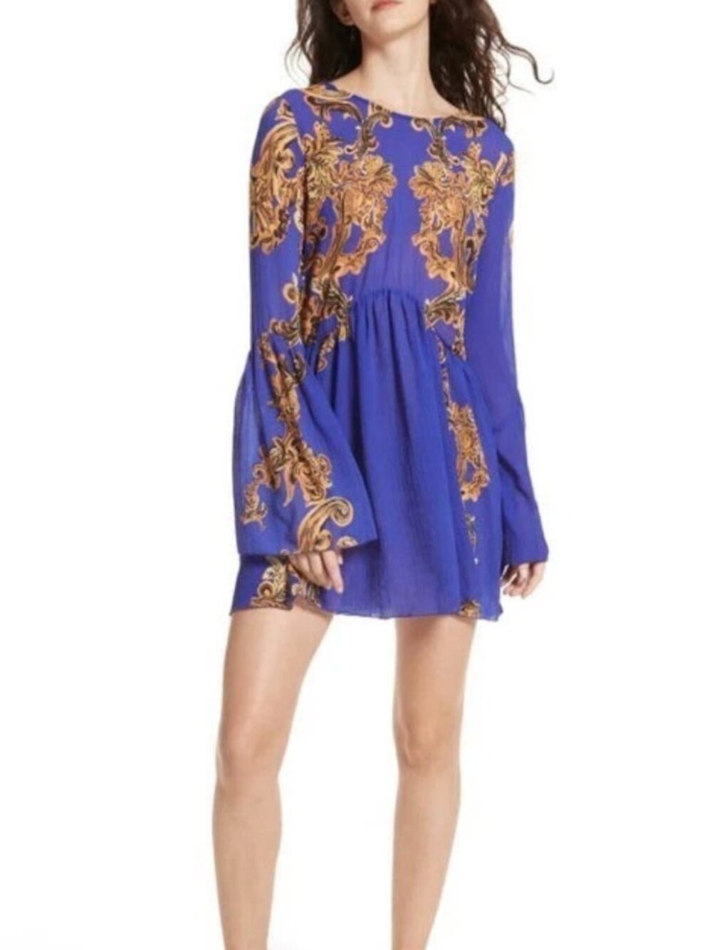 Free People Intimately Baroque Mini Dress Bell Sleeve Boho Open Tie Back Blue S